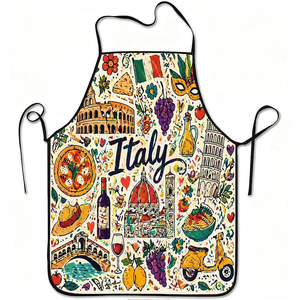 1pc Italy Travel Landmark Print Apron, Durable And Easy To Clean, Adjustable Waistband, Polyester Material, for Kitchen Cooking, Gardening, Orchard Pi