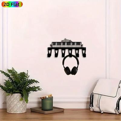 Modern Piano Key Metal Wall Art with 6 Hooks, Music Note Iron Wall Decor for Entryway Studio Living Room Gift