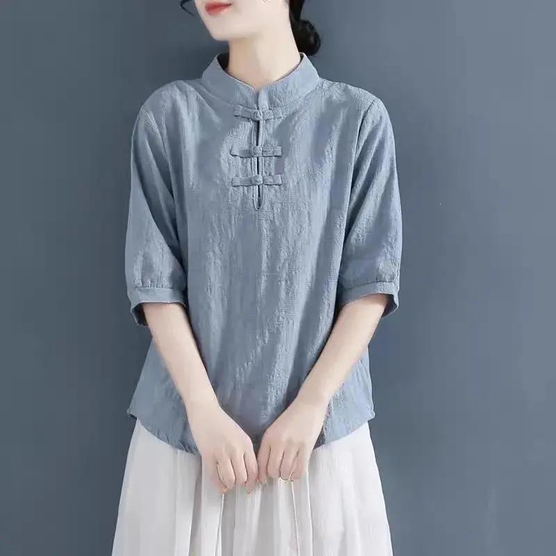 Women's Pure Cotton Clearance Retro Buttoned Cotton and Linen Mid-sleeve Shirt Chinese Style Stand Collar Top