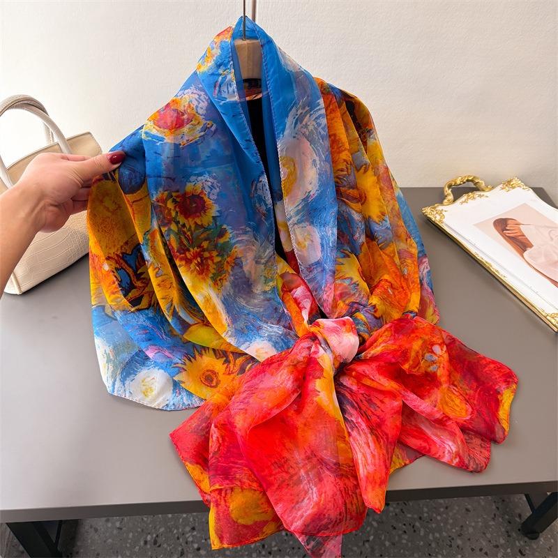 Jinque Yun Encryption Yourou Gauze Printing Spring and Summer Silk Scarf Large Long Scarf Travel Shawl Sunscreen Women's Scarf Headscarf