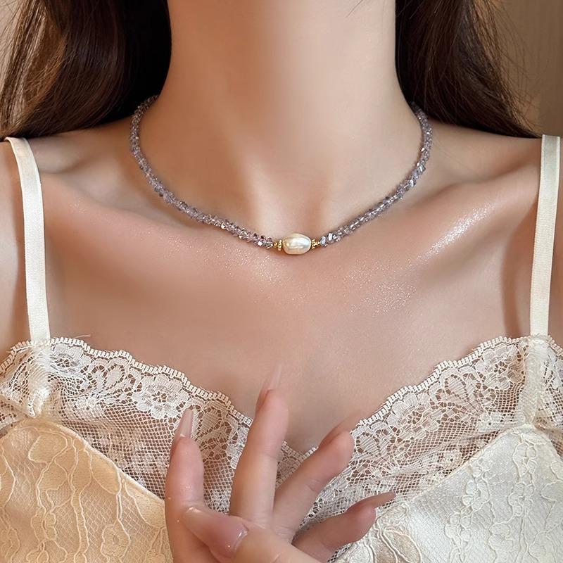 Womens Baroque Freshwater Pearl Crystal Beaded Clavicle Necklace