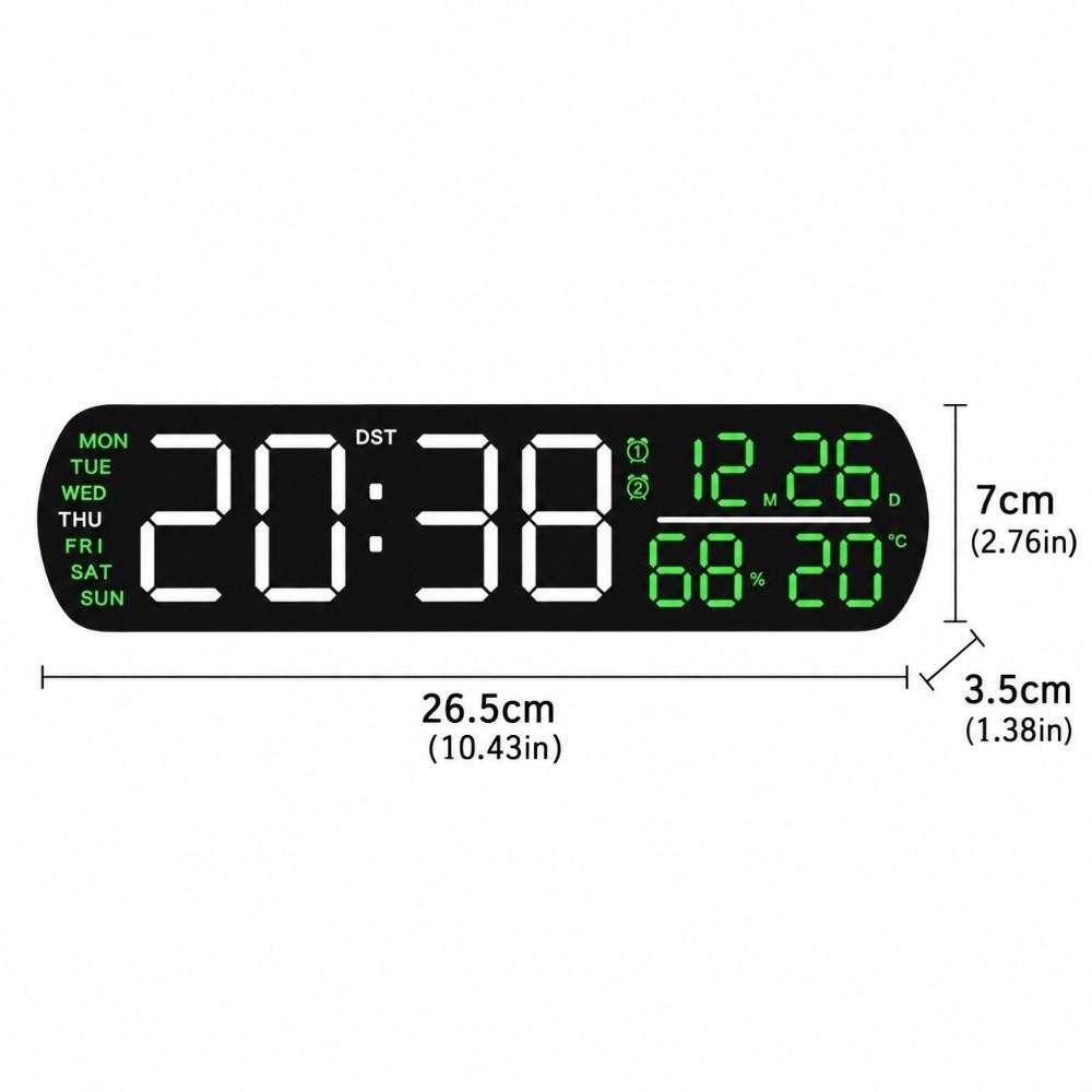 Black Shell Green Digital Alarm Clock 26.5x3.5x7cm Table Clock Compact LED Desk Clock  For Bedroom