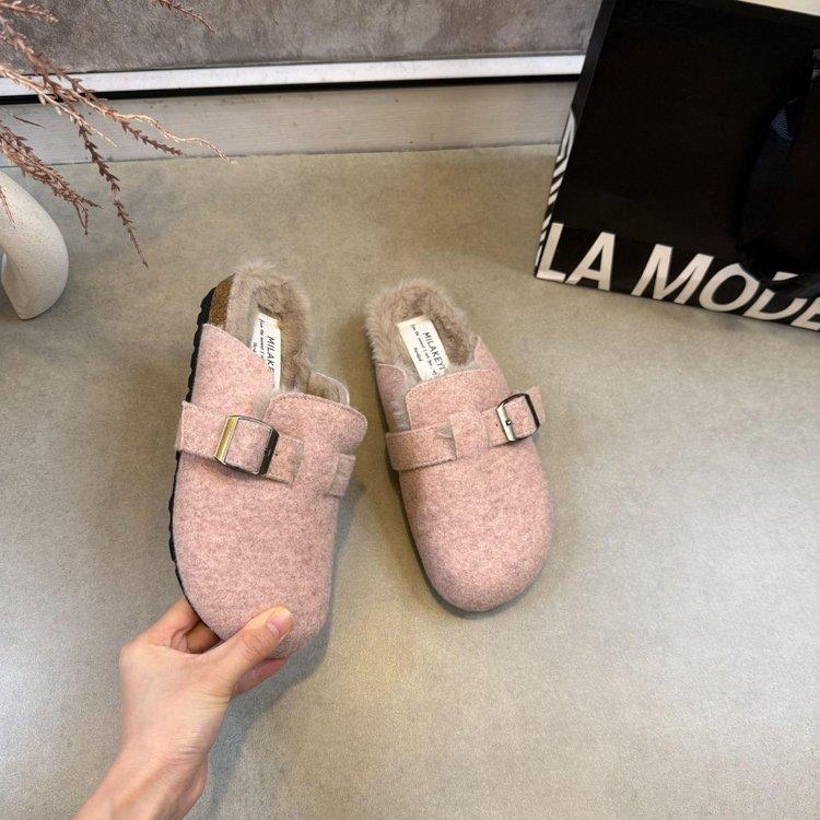 thick-soled fluffy shoes, velvet warm cotton shoes, bag head half-towed, autumn and winter flat-soled women's single shoes