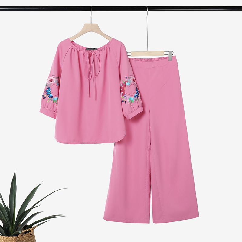 

ZANZEA Women Print 3/4 Sleeve Blouse and Long Pants Casual Two Piece Suit Sets 5XL темно-рожевого кольору