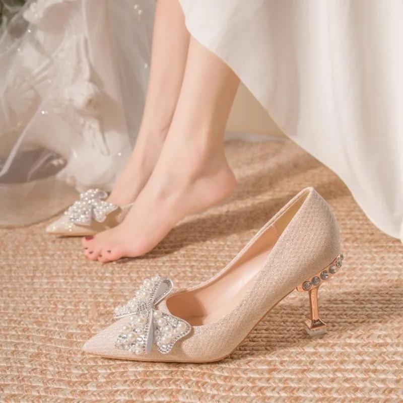 Fashion Wedding Bride Shoe Women's Shoes Pointed Toe Ladies Pumps Stilito with Bow High Heels on Heeled 2025 Trend Chic and Elegant 39