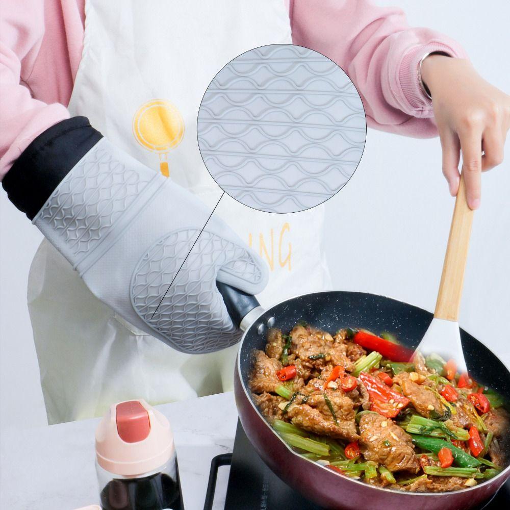 1 pair Baking Utensils Silicone Oven Gloves Anti-Scalding Heat Resistant Insulated Gloves Thick Oven Mitts Cooking