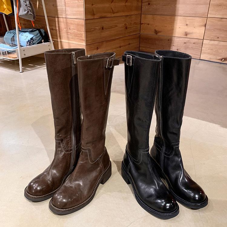 Su Yinyin Has the Same Manchester Winter Washed Horse Leather Retro Thick Heel Buckle with High Boots, Female Knight Boots, Long Boots.