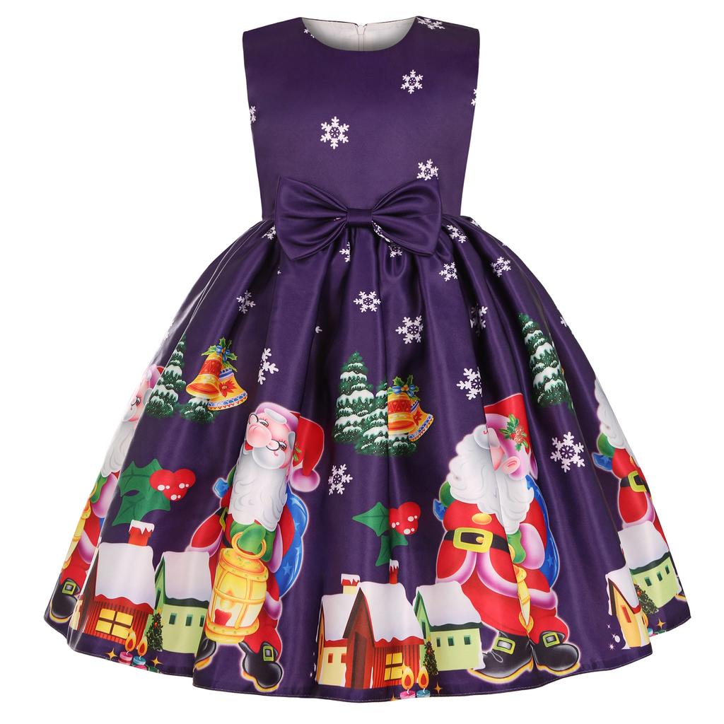 Children's Christmas Dress Cartoon Print Bow Dress Christmas Performance Sparkling Kids Birthday Dress Elegant Soft Party Dress Ball Gown for Girls
