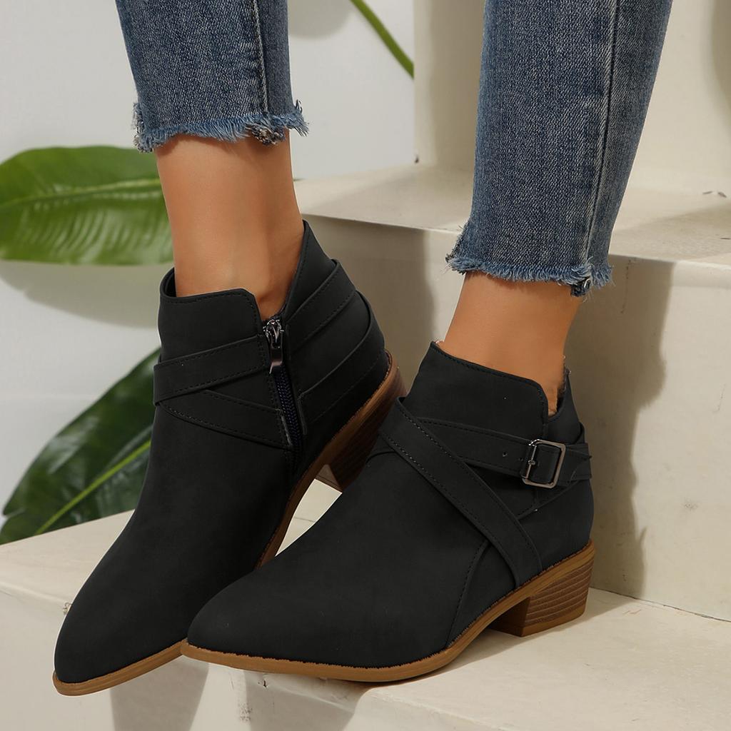 Damen Spitz zulaufend Mode Klobiger Absatz Gürtel Seitenreißverschluss Bequem Wildleder Knöchelhohe Stiefel Stiefel Für Damen Niedriger Absatz Offene Zehenpartie