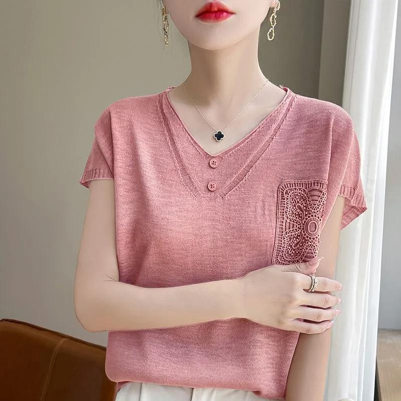 Women's Linen Blend V-Neck Lace Pocket Short Sleeve Loose Casual T-Shirt