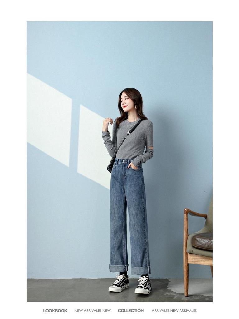 Women's High-Waisted Slim-Fit Wide-Leg Jeans: Spring/Summer Trendy Loose Drape Petite Pants