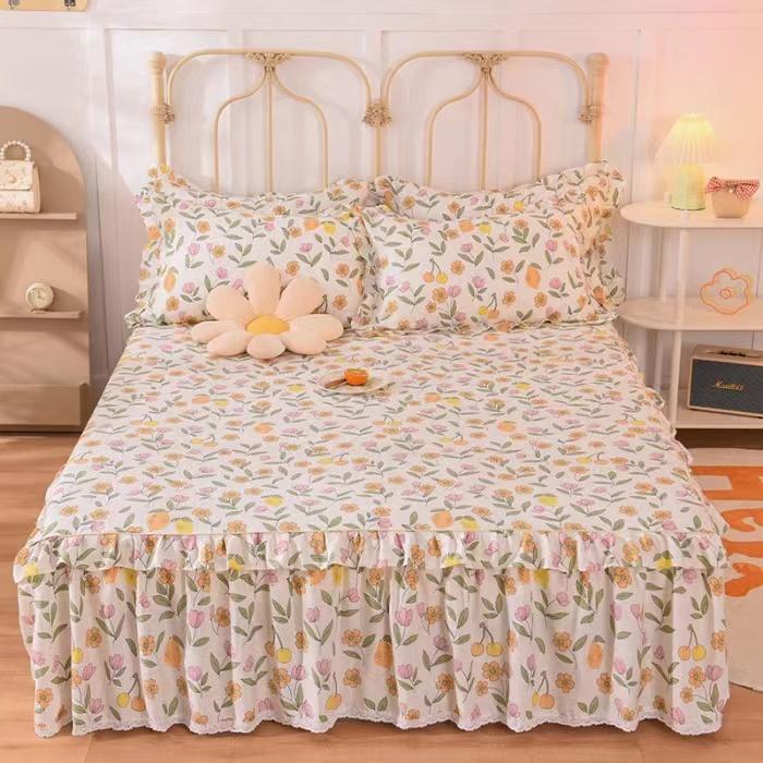 3pcs Sheet Set High Grade 100% Cotton Printed Bedspread King Queen Size Cute Pure Cotton Thick Bed Skirt with 2pcs Pillowcase