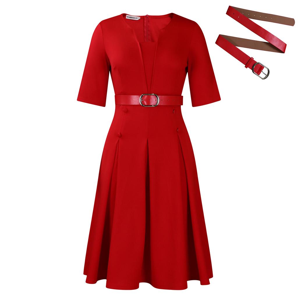 Women's Autumn Fashion Elegant Temperament Solid Color Five Quarter Sleeve Dress