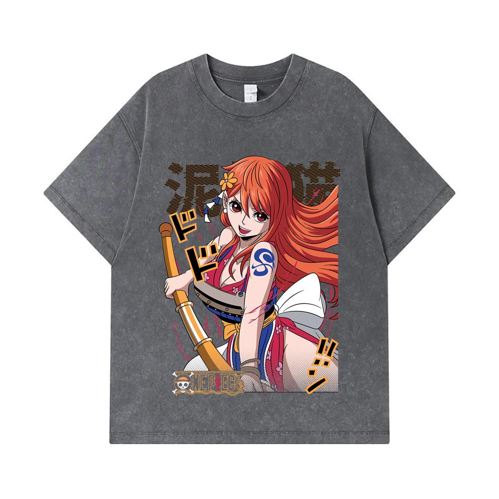 275 GSM Washed T-shirts 100% Cotton One Piece V41 Nami Print Unisex Heavy Cotton T Shirt