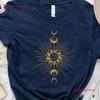 Sun And Moon Phases T Shirt Celestial Astrology Witchy Aesthetic Vintage Washed Soft Stretched Top For Everyday Wear Streetwear