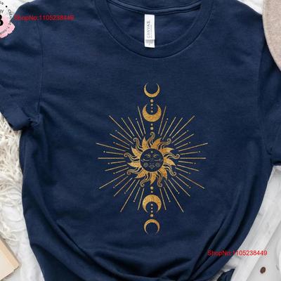 Sun And Moon Phases T Shirt Celestial Astrology Witchy Aesthetic Vintage Washed Soft Stretched Top For Everyday Wear Streetwear