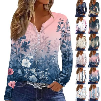 Women's T Shirt Tee Print Button Long Sleeve Daily Weekend Fashion Basic V- Neck Regular Top