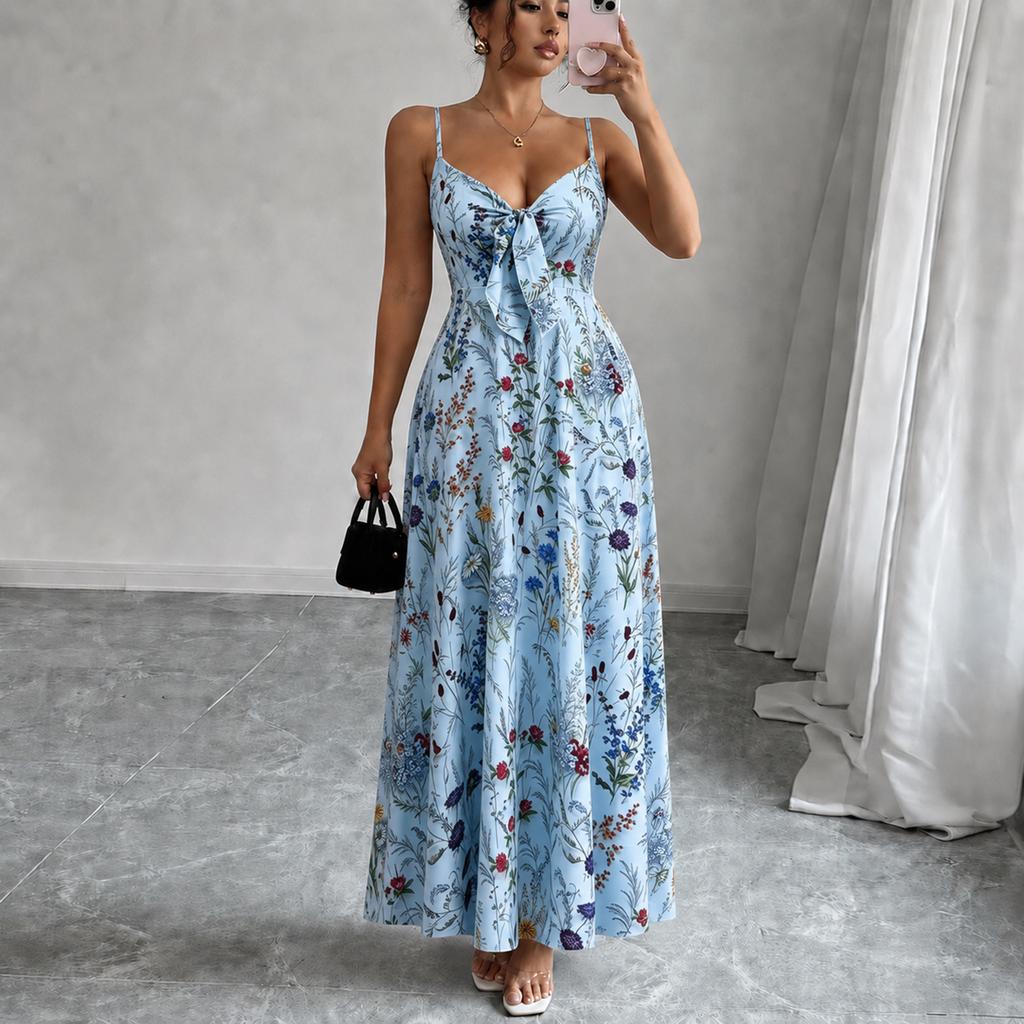Women's Colorful Floral Print V-Neck Spaghetti Strap Dress