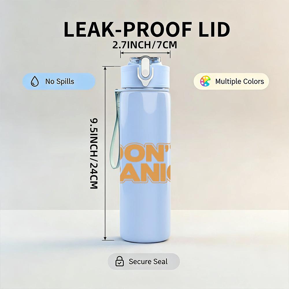 1PC Don't panic orange solid text print 750ml colorful plastic sports water bottle leakproof pop up lid with straw for outdoor work home use