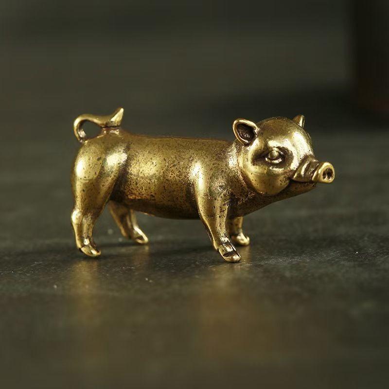 Vintage Brass Mini Pig Figurine Handmade Retro Desk Ornament Tea Pet for Living Room Desktop Home Decor Collection Gift