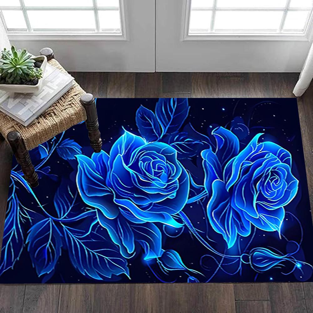Blue Rose Floral Pattern Decoration,Carpet,Living Room,Bedroom, Non-slip,Square Rug