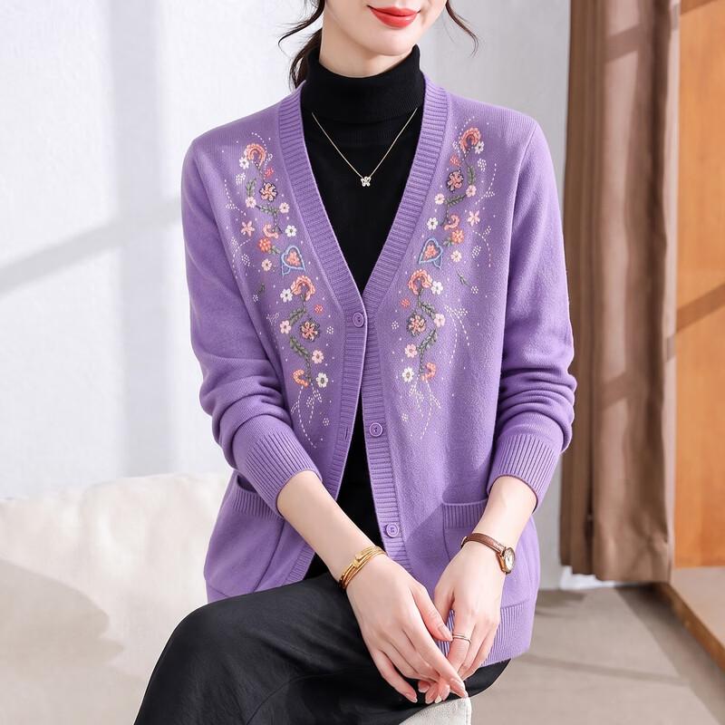 Hengyuanxiang Women's V-Neck Floral Embroidered Knit Cardigan