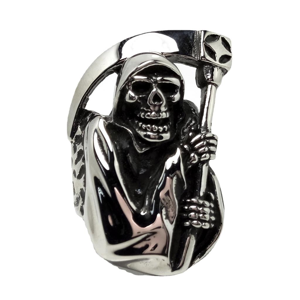 Megin D Edelstahl Titan Hip Hop Punk Sensenmann Totenkopf Sichel Ringe für Männer Frauen Paar Freunde Geschenk Modeschmuck
