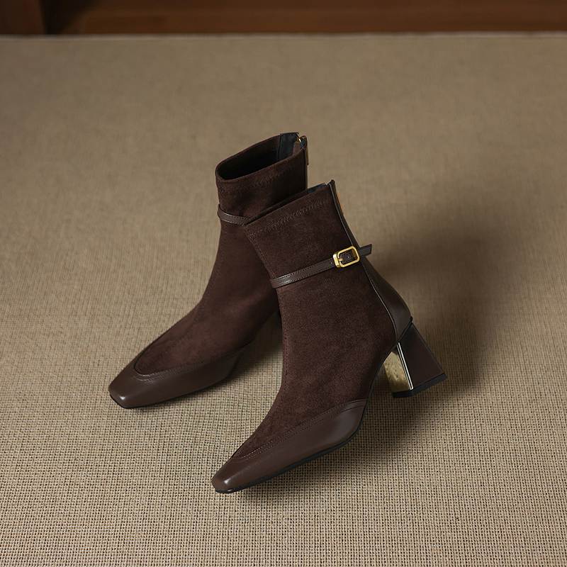 Krazing Pot Flock Cow Skin Square Toe Thick Heels Chelsea Boots Size 42 Beauty Lady Women Modern Fashion Girl Ankle Boots