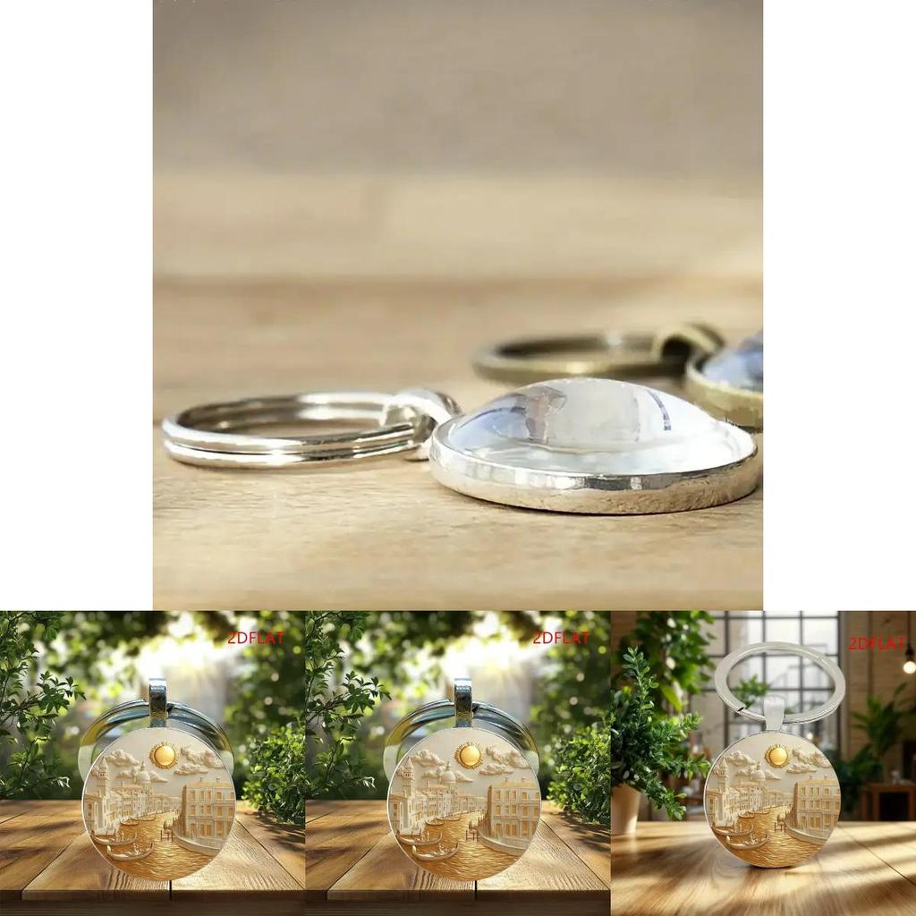 Water City Themed Glass Pendant Keyring With Zinc Alloy Construction For Collectors Gift