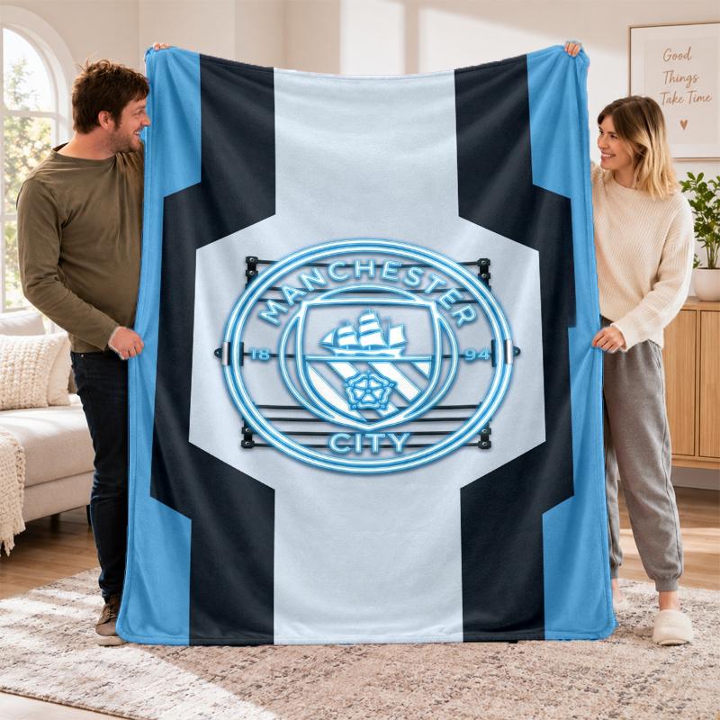 Flanell-Fleece-Decke mit Manchester City Design, Weiche leichte Überwurfdecke für Bett Sofa Reise