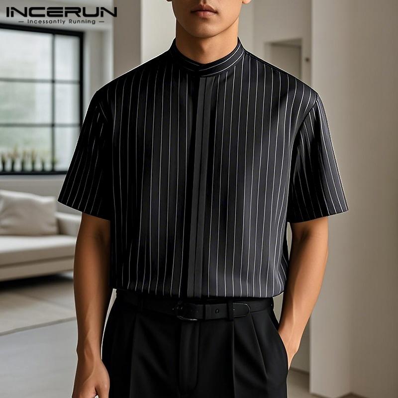 INCERUN Men Collarless Short Sleeve Striped Print Casual Office Shirts Tops