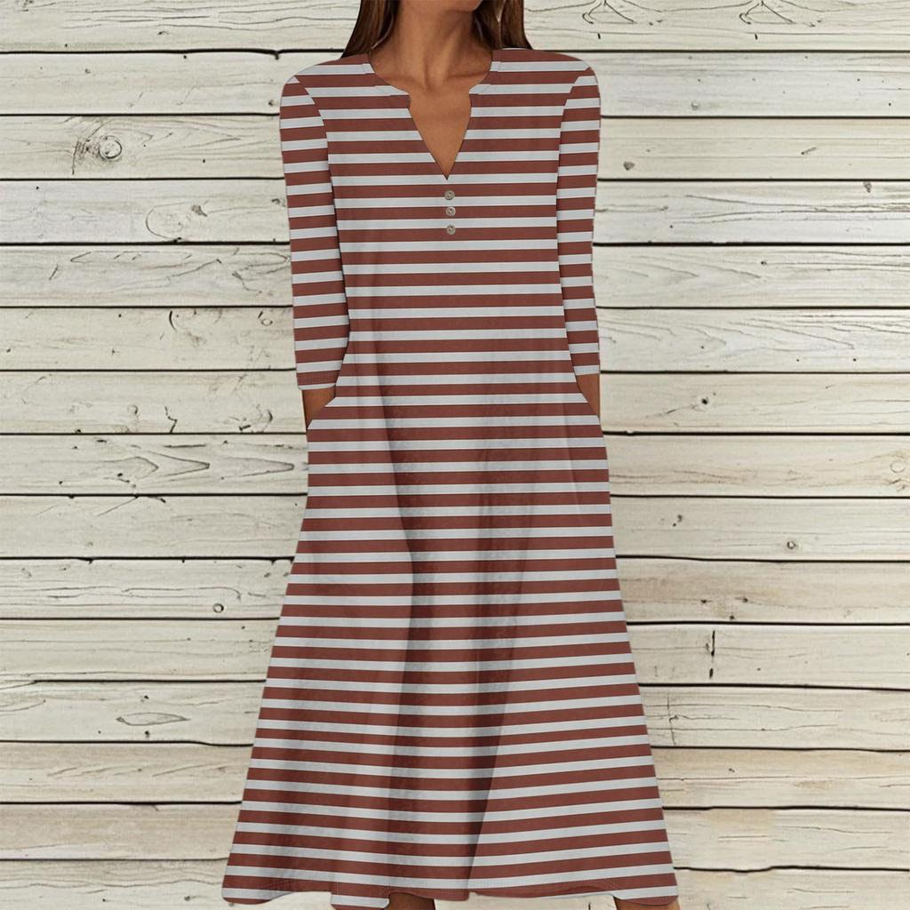 Women's Summer Casual V-Neck Button Stripe Printed Three-quarter Sleeve Long Dress With Pockets