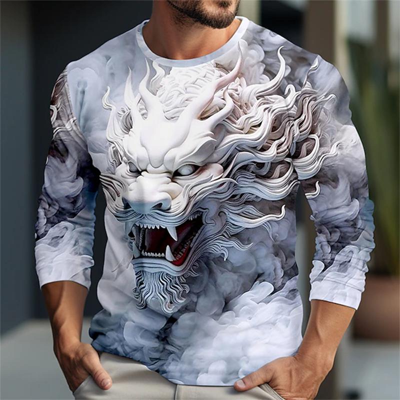 Men Long Sleeve Crewneck Print Fierce Animal Pattern Y2K Fashion Men's Shirt Long Sleeve Street Retro Style Men's Wear