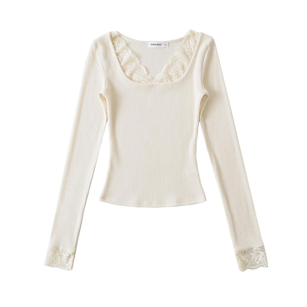 Lace Trim Square Neck Bodycon Long Sleeve Shirt - Women's Spring Collection