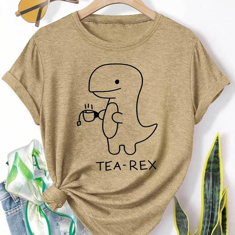 Women Summer T Shirt Retro Fashion Short Sleeve Tees Casual Dinosaur Printed  Tops