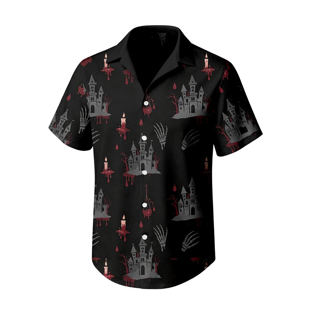 Men's Casual Short Sleeve Halloween Print Button Down Shirt