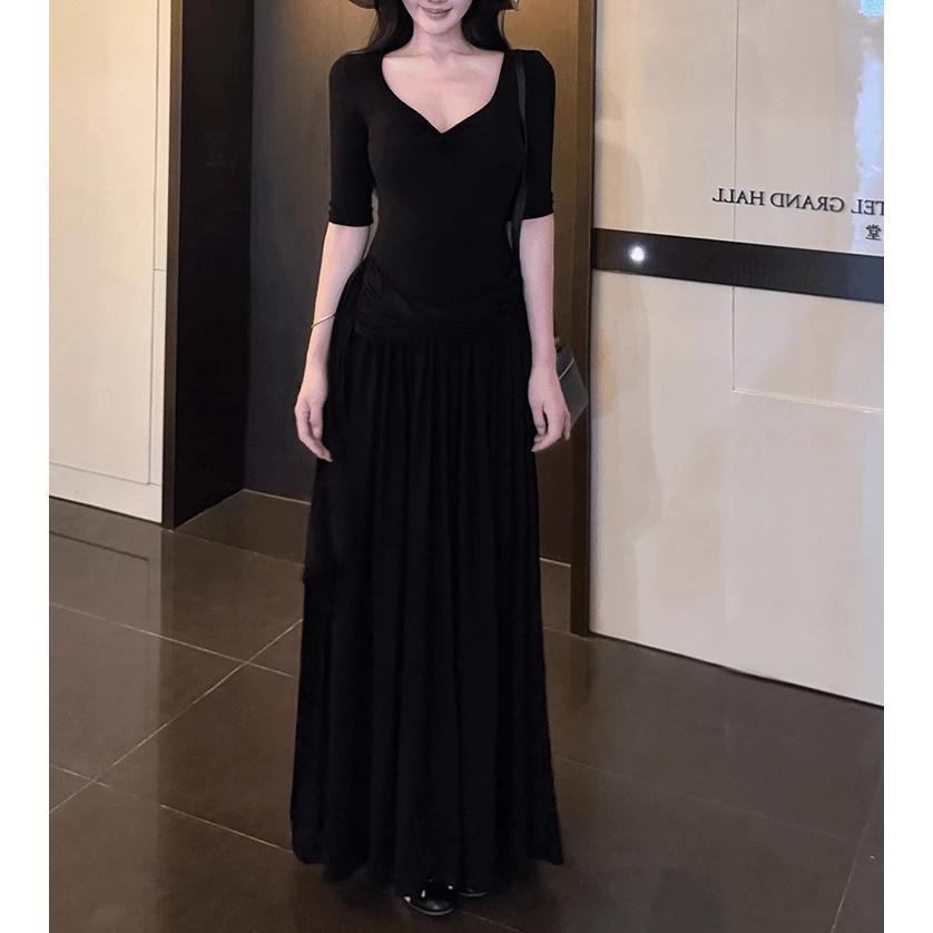 Elegant Gray Vneck Long Dress With High Waist For Autumn Womens Casual Wear