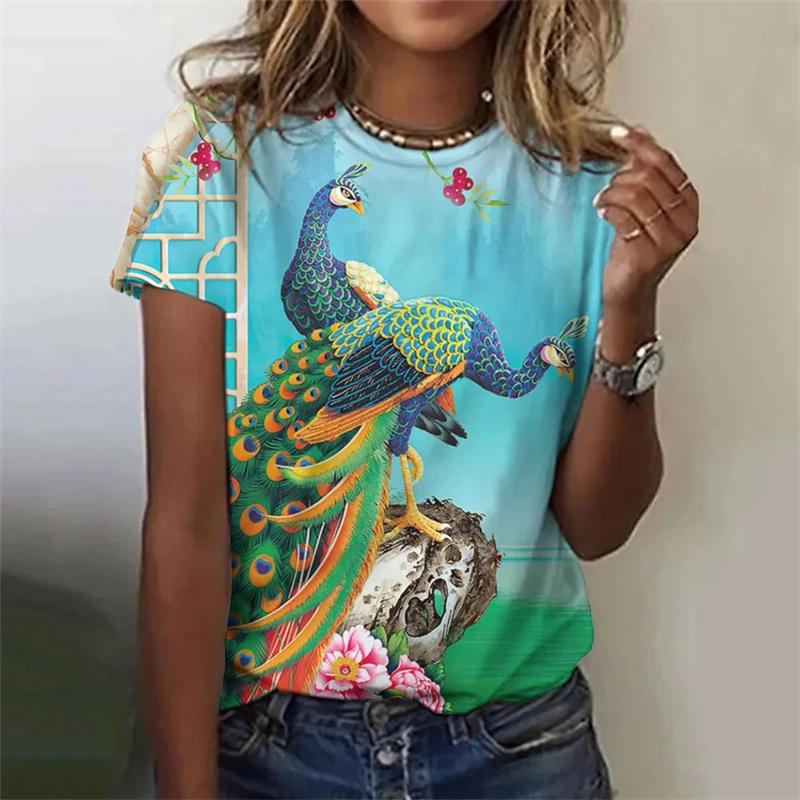 Fashion Retro Peacock Feather 3D Print Woman Harajuku Personality Short Sleevet Colorful O-neck Tops