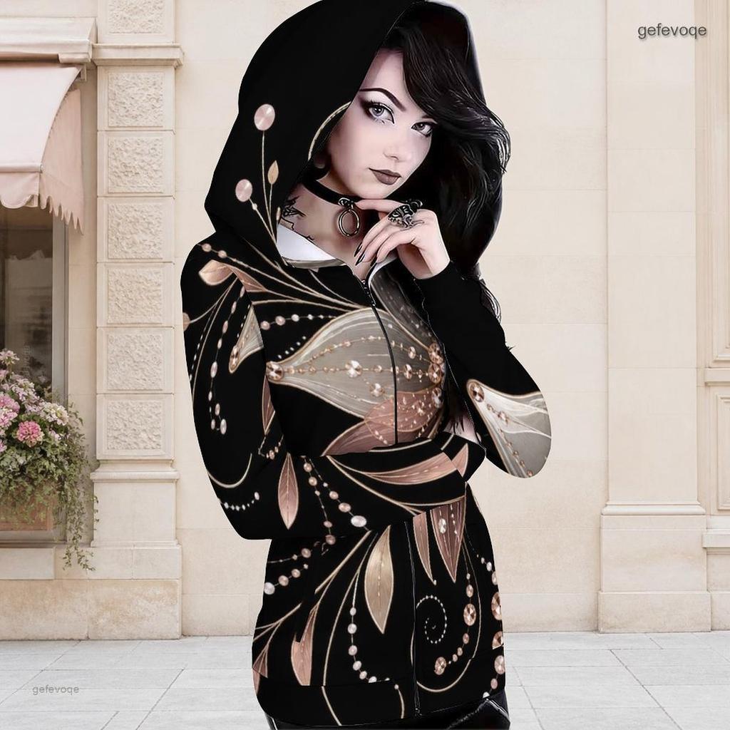 Women Plus Size Asymmetric Cutout Neck Long Sleeve Geometric Printed Fitted Hooded Shirt