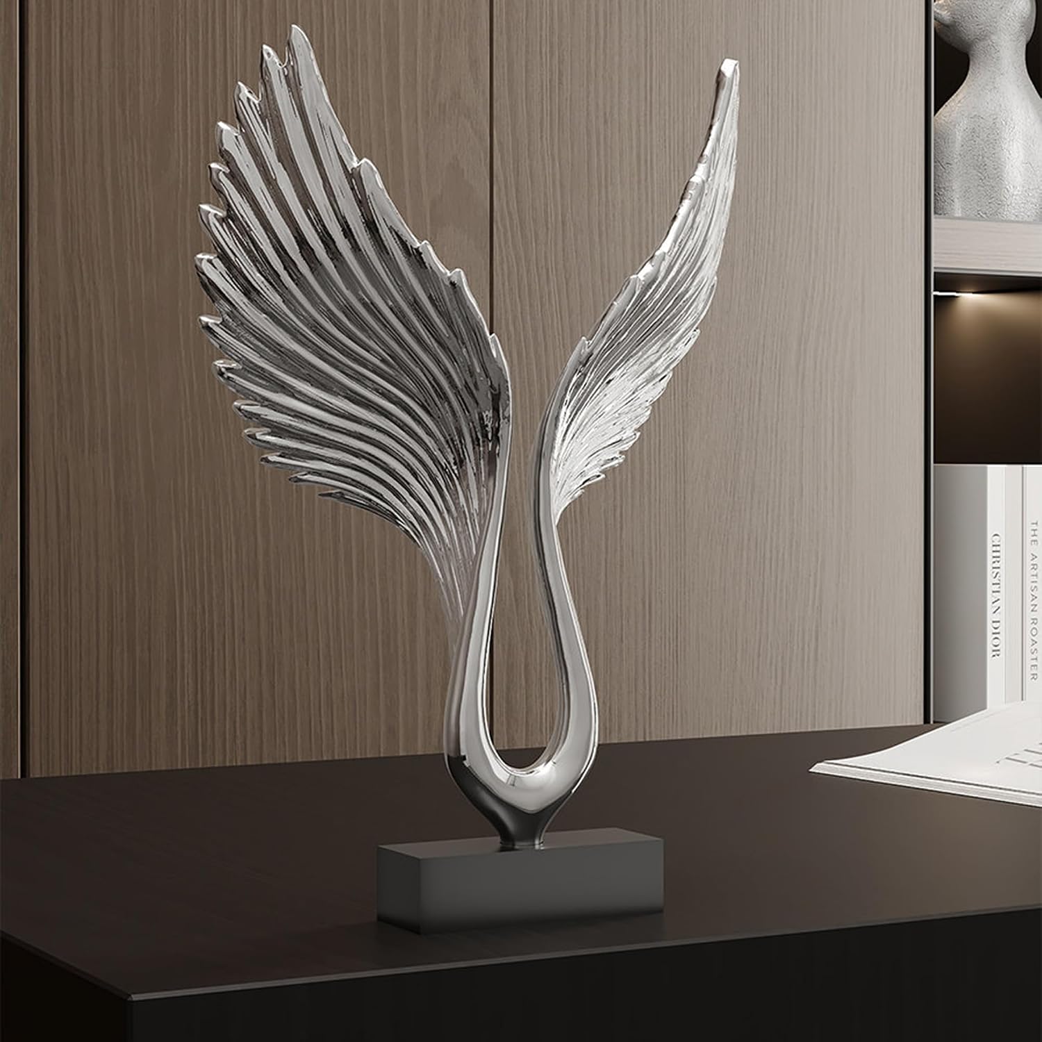 Eagle Desk Sculpture, 11.4  Silver Finish Eagle Feather Statue, Executive Office Decor for Men, Career Success Symbol Gift for Boss, Business Owner