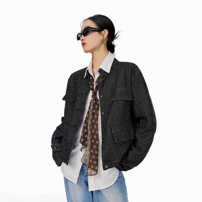 ICH MODE Women's American Style Textured Denim Cardigan Jacket
