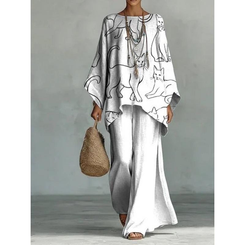Y116 Summer Loose Bat Sleeve Top Wide Leg Pants Two-piece Women's Clothing European and American Fashion Suit