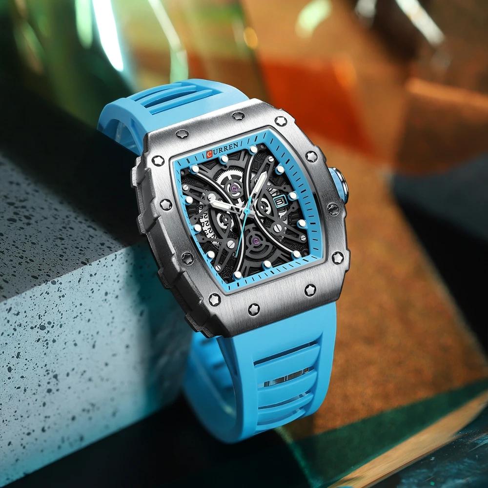 CURREN 8438 Nouvelle Montre Carrée Lumineuse pour Hommes Cadran Semi-Creux Auto Dateur Sport Casual Bracelet en Silicone Montres-bracelets