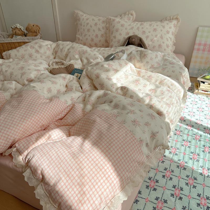 Seersucker Floral Bedding Four-piece Set Washed Skin-friendly Breathable Sheets Quilt Cover Pillowcase