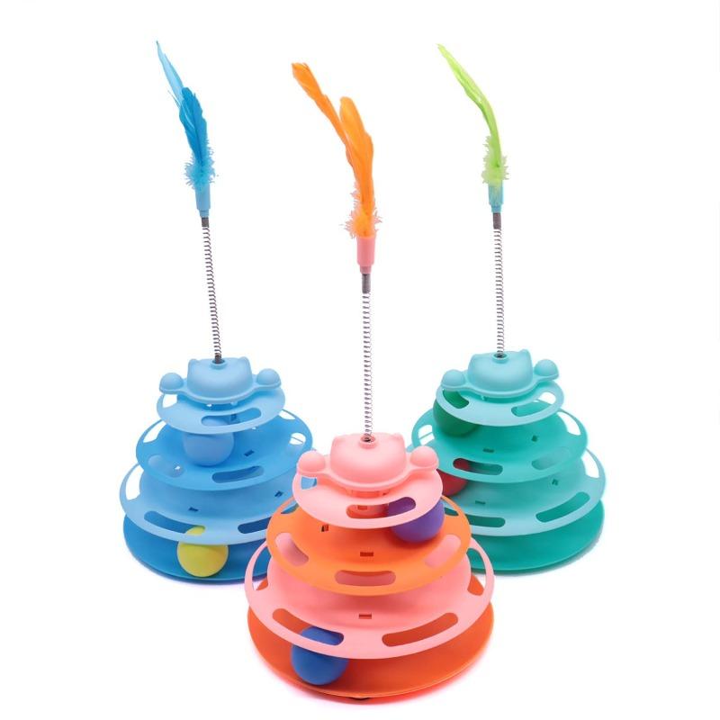 Pet Cat Toys, Feather Cat Tower, Turntable Ball, Cat Self-entertainment Toys, Interactive and Boring Track Cat Toys, Cat Teaser Sticks