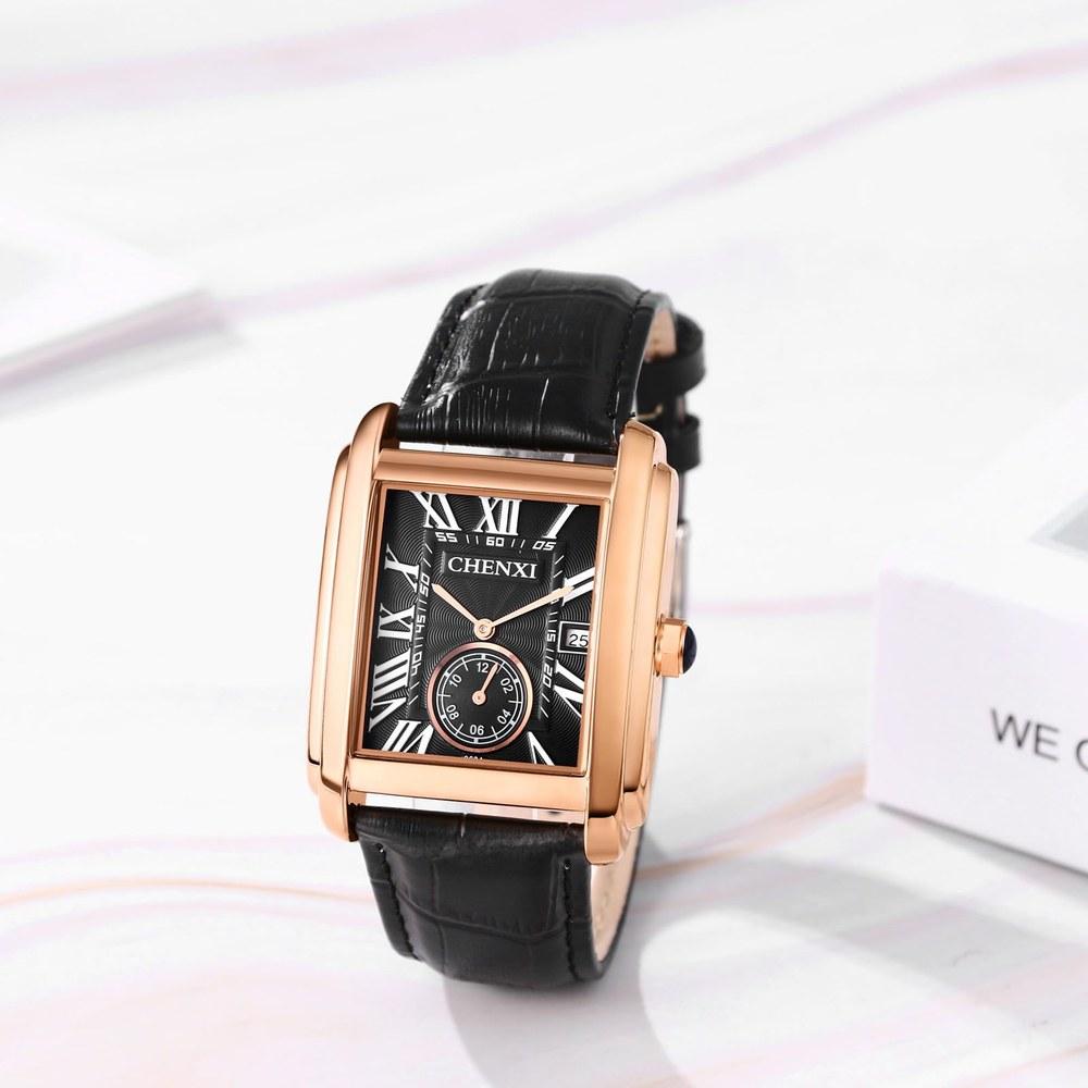 JewelryWe Men's Leather Belt Square Watch Calendar Antique Style Roman Analog Display 3ATM Waterproof Quartz Black Business Casual Fashion Accessory