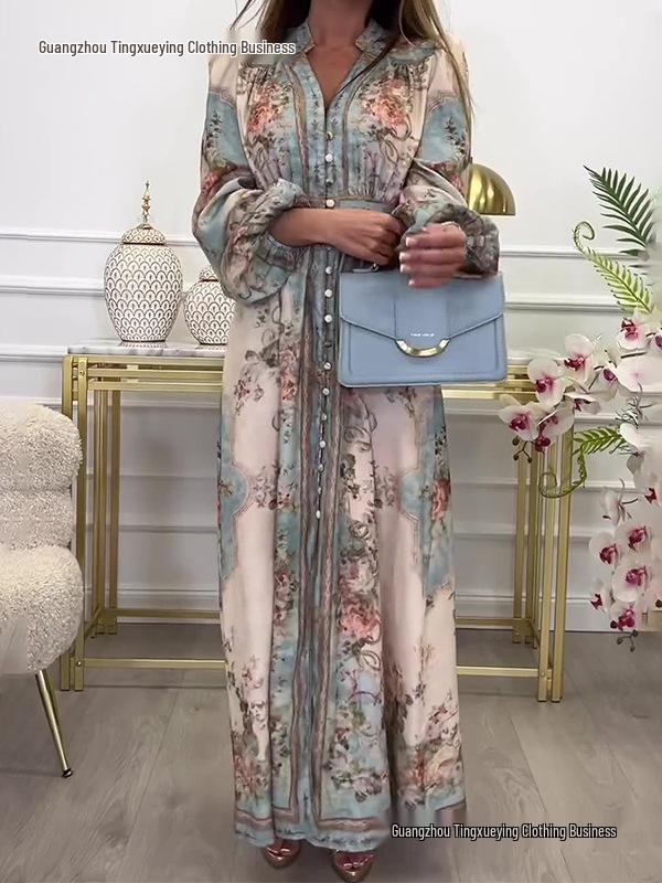 Retro European & American Women's Long Sleeve Spring Dress with Waist-Cinching, Big Hem, and Printed Design.