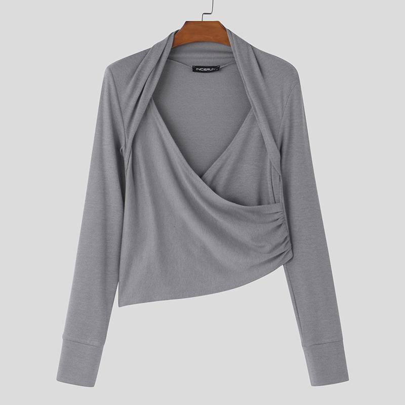 

INCERUN Весенний мужской трикотажный пуловер с V-образным вырезом и длинными рукавами спереди, облегающий топ 5XL серый