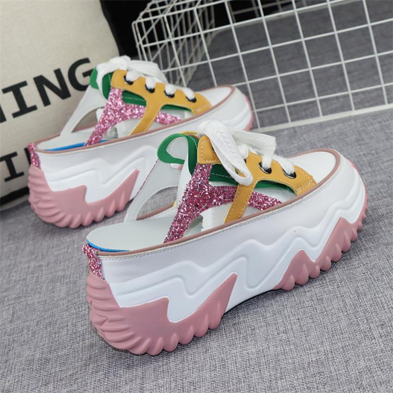 fashion 8cm New Glitter Leather Women Chunky Sneakers Platform Wedge 2024 Breathable Slippers Comfortable Hollow Summer Shoes
