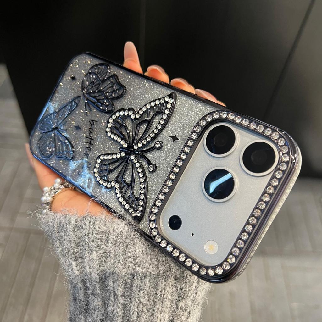 iPhone 17 Pro Max Electroplated Rhinestone 3D Butterfly Glitter Anti-Fall Case
